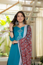 Green Embroidered Handloom Cotton Suit Set with Dupatta